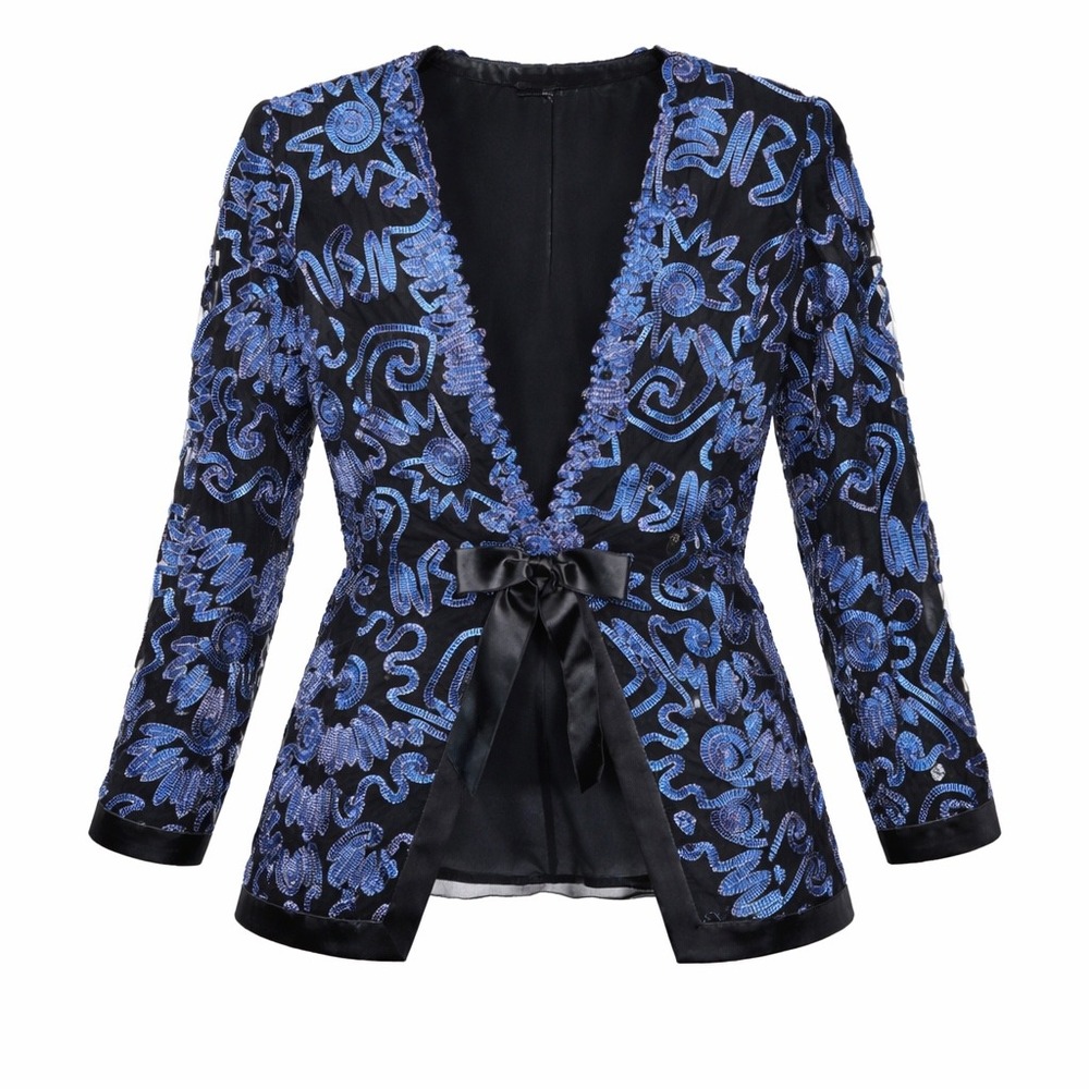 Vintage Lian Carlo Embroidered Blazer Womens Size 8 Bow Tie Snap Front USA